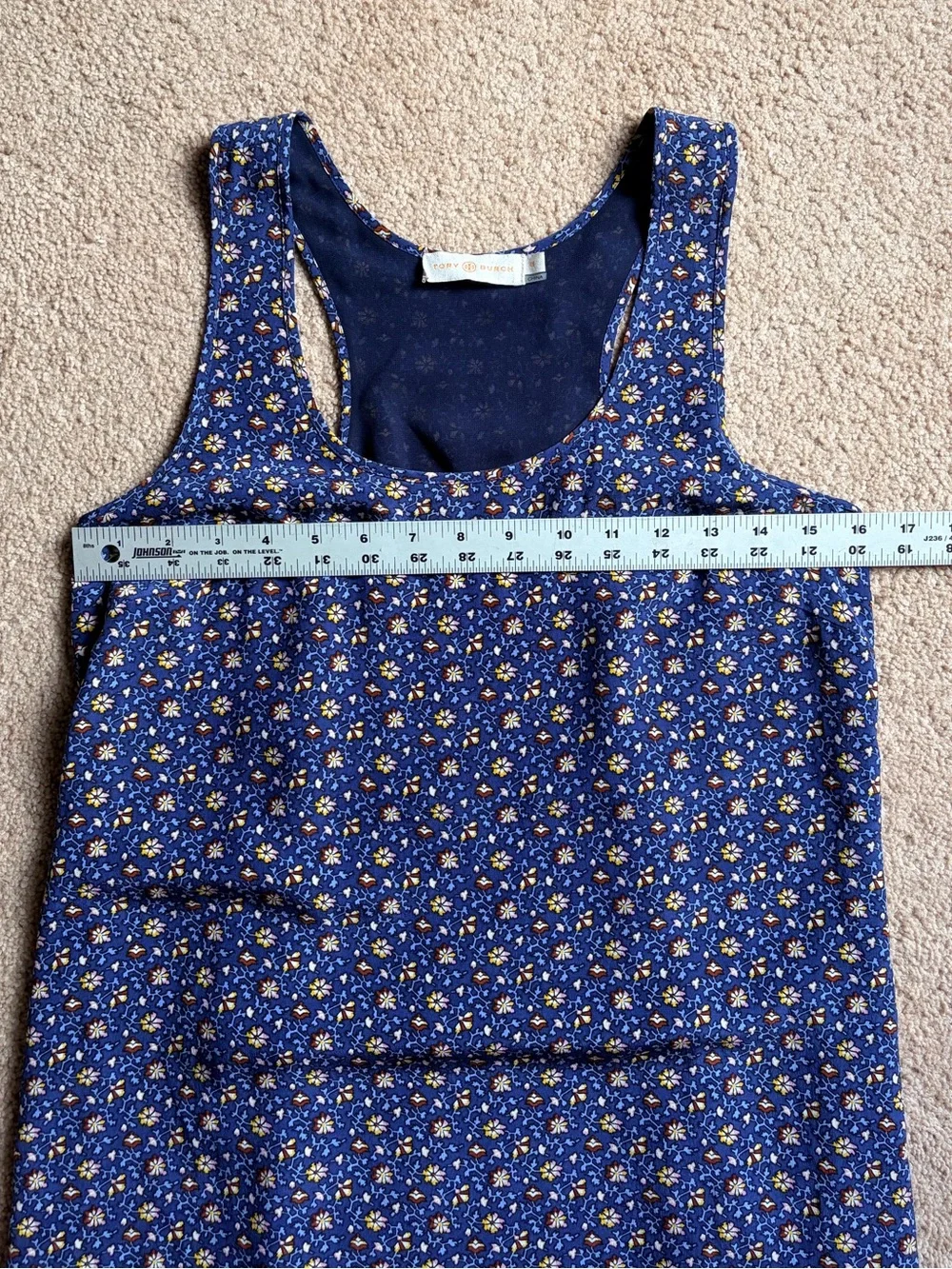 Tory Burch Sydney Silk Racerback Dress XS Navy Blue Floral, Double-lined, Flowy